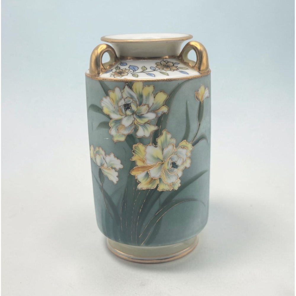 Antique Nippon Morimura Hand Painted Floral Vase With Gold Gilt & Moriage Enamel